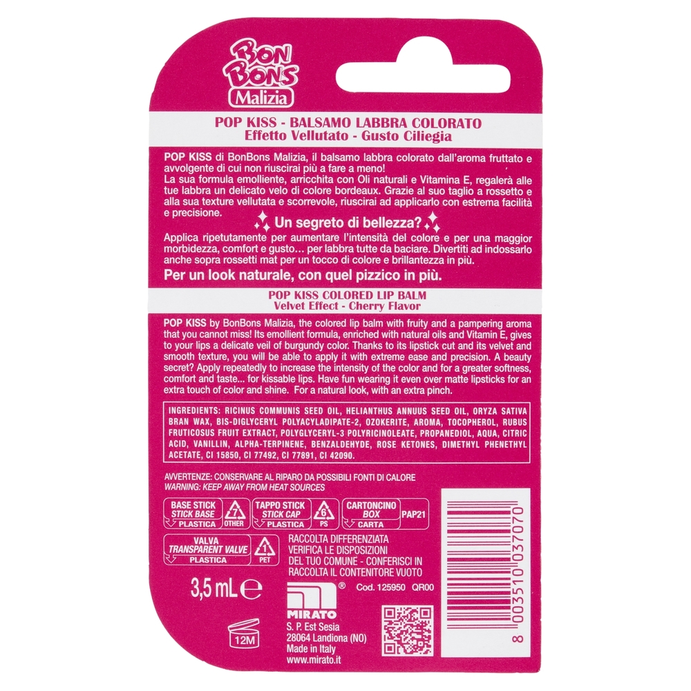Malizia Bon Bons Balsamo Labbra Colorato Pop Kiss 3,5 mL